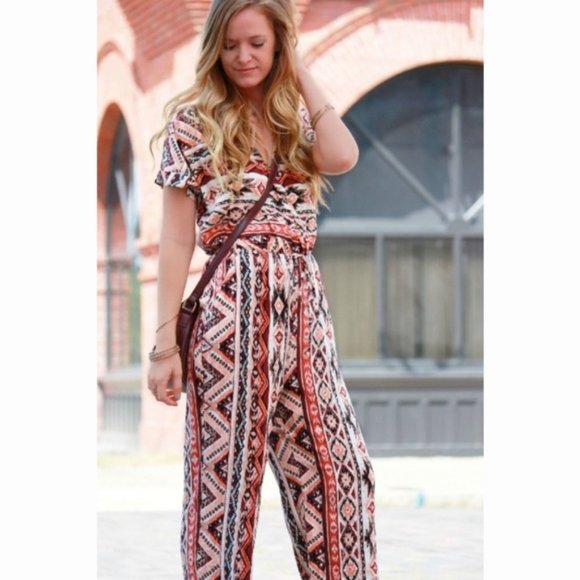 aztec print tie waist jumpsuit